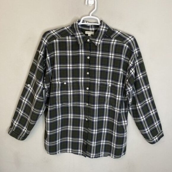 Max Studio Tops - Max Studio Buffalo Plaid Shirt Green & White XL Adjustable Long Sleeves Rayon